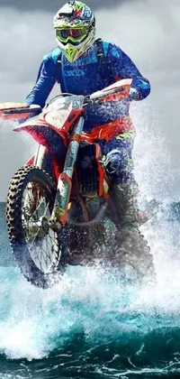 Looking for a stunning phone live wallpaper? Check out this digital rendering of a dirt biker riding on top of a huge wave