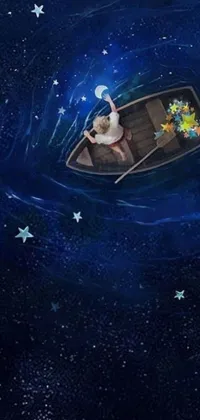 This phone live wallpaper features a beautiful painting of a man on a boat surrounded by stars