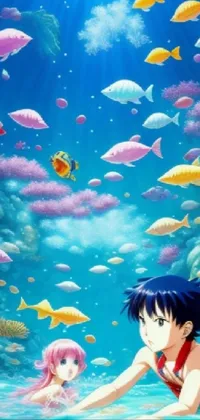 This live phone wallpaper depicts a girl surrounded by fish while she swims in a beautiful ocean setting