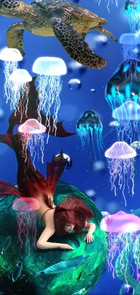 This mesmerizing live wallpaper for mobile devices features a stunning digital artwork of a mermaid sitting on a green ball surrounded by a variety of sea creatures