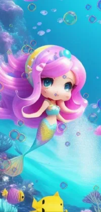 This phone live wallpaper features an adorable 3D anime girl in the form of a little mermaid, swimming gracefully in the ocean
