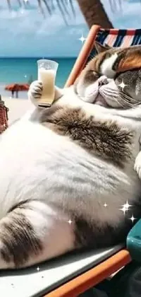 Looking for a charming live wallpaper to decorate your phone screen? Check out this adorable fat cat sitting on a beach chair, holding a drink and enjoying the sun and sea breeze