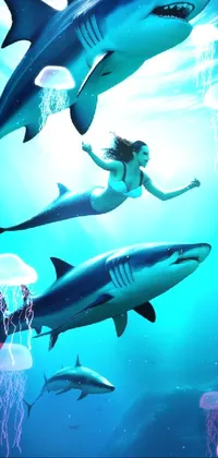 Transform your phone screen with a captivating live wallpaper featuring an intrepid woman swimming with a school of sharks in the vast blue ocean