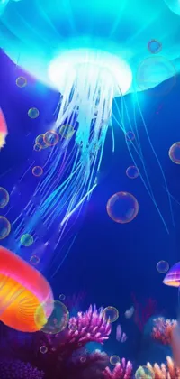Enhance your phone screen with a mesmerizing digital rendering of a jellyfish swimming in the ocean