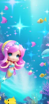 This phone live wallpaper features a delightful mermaid swimming in the ocean with various sea creatures in a charming, colorful, and cute cartoon style