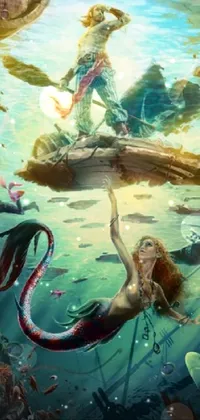 This mesmerising phone live wallpaper showcases an underwater scene of a stunning mermaid sitting gracefully on top of a rocky terrain