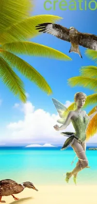 This live phone wallpaper features a stunning digital artwork of a woman and bird in flight over a tropical beach paradise