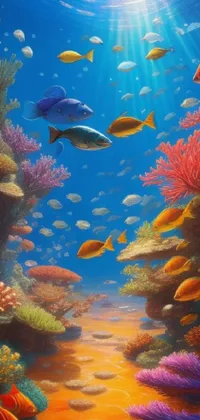 This phone live wallpaper showcases a stunning painting of fish swimming in the ocean, set against the backdrop of beautiful coral reefs
