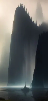 Looking for a stunning phone wallpaper that will transport you to a mystical fantasy world? Check out this breathtaking live wallpaper featuring a lone boat in the center of a tranquil body of water, surrounded by towering cliffs and majestic spires hidden among a misty valley
