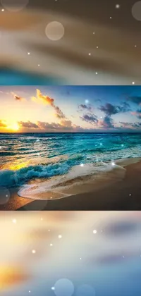 This live phone wallpaper depicts a stunning sunset over the ocean, with sparkling sand and gentle waves