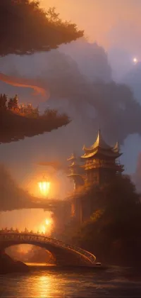 This live phone wallpaper displays a stunning painting of a bridge over serene waters
