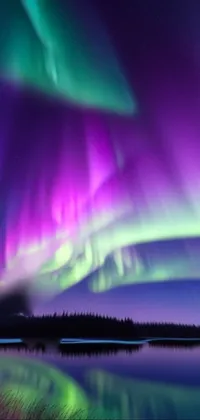 This stunning live wallpaper showcases a captivating aurora borealis in purple and green hues