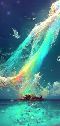 This phone live wallpaper showcases a group of birds flying over a gleaming body of water and features digital art by Mike Winkelmann
