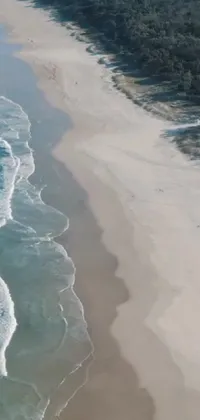 This phone live wallpaper showcases an aerial view of a serene beach with white sand and a large body of water