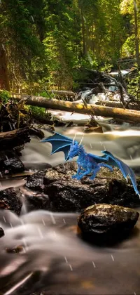 This phone live wallpaper showcases a tranquil stream flowing through a densely forested landscape with a majestic blue-scaled dragon soaring in the background