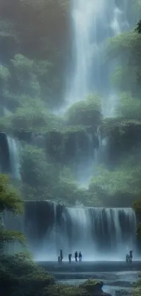 This live wallpaper for your phone features a stunning matte painting of a group of people standing in front of a waterfall, surrounded by a lush oasis