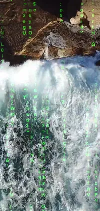 This phone live wallpaper features a stunning digital rendering of a large body of water next to rocks, with beautiful equations and green matrix code flowing across the screen