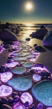 This stunning live wallpaper features a glowing stone pathway on a beach with a full moon in the background