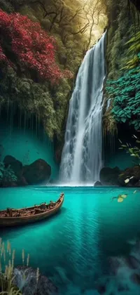 This phone live wallpaper depicts a stunning painting of a boat in front of a waterfall amidst a lush jungle background