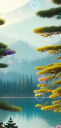 This 4k vertical phone live wallpaper features a stunning digital painting of a peaceful lake surrounded by pine trees