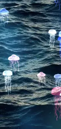 This live wallpaper features a captivating scene of plastic jellyfish floating on a body of water with Mariana Trench-esque depth