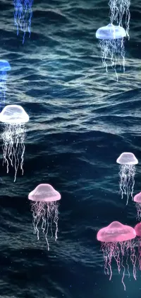 This stunning live wallpaper features a group of jellyfish floating on top of a body of ultra-realistic water