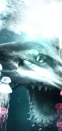 This live wallpaper features a surrealistic and edgy scene of a shark with its mouth open, shot from below as if the viewer is swimming underneath it