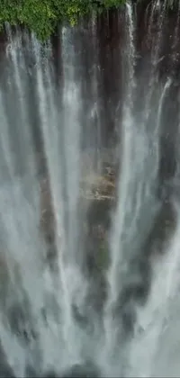 This live wallpaper depicts a serene waterfall with people standing in front