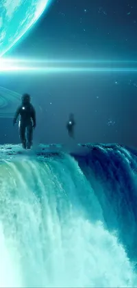 Want to travel through space and time? Look no further than this stunning live wallpaper! Featuring two wanderers on a journey from afar, this images depicts them standing on the edge of a breathtaking waterfall with space art in the background