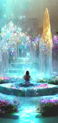 This phone live wallpaper showcases an enchanting scene of a woman sitting in a fountain surrounded by blooming flowers