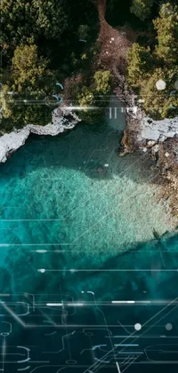 This phone live wallpaper showcases a breathtaking aerial view of a tranquil body of water surrounded by lush trees
