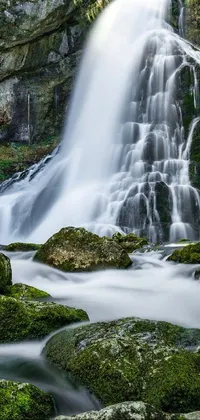 This live phone wallpaper features a stunning waterfall cutting through a lush green forest