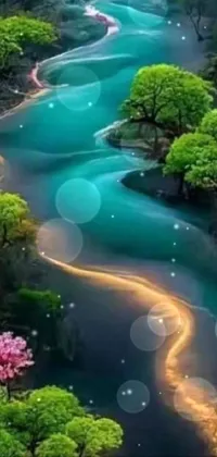 This stunning live wallpaper shows a winding river flowing through a lush green forest