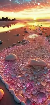 This phone live wallpaper showcases a heart shaped object on a sandy beach, surrounded by beautiful crystals and vibrant coral-like pebbles