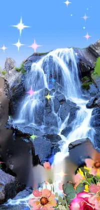 Enhance your phone screen with a stunning live wallpaper of a beautiful waterfall cascading against a majestic mountaineous background with a lovely bunch of flowers adding to the natural beauty of the scene