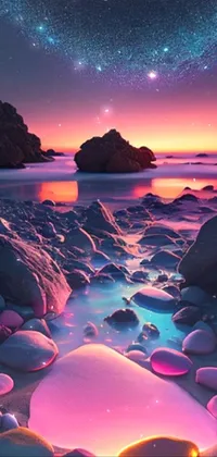 This vibrant live wallpaper features a digital rendering of rocks atop a beach that glows in shades of pink and blue