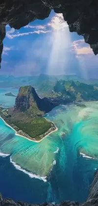 This live wallpaper offers a visually stunning view of an island's aerial shot from a cave on Kauai