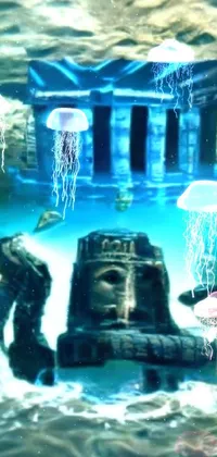 This enchanting phone live wallpaper depicts a boat adrift on a serene body of water, surrounded by an underwater temple teeming with vibrant fish