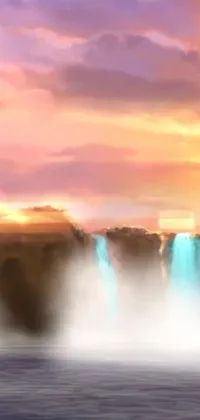 Enjoy the beauty of a majestic waterfall and stunning sunset with this Croods-inspired live wallpaper for your phone