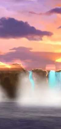 This phone live wallpaper captures the beauty of a waterfall set against a sunset background