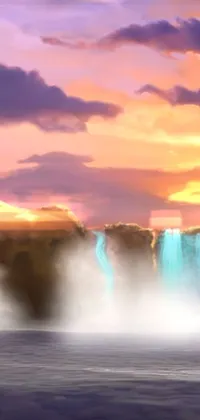 If you're looking for a phone live wallpaper that encapsulates the beauty of nature, look no further than this stunning image of a waterfall at sunset