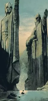 This stunning live wallpaper features a group of individuals standing on a cliff overlooking the water, with the Gates of Argonath in the distance