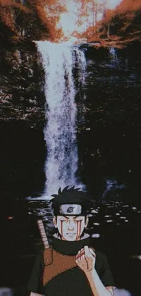 This phone live wallpaper showcases a charismatic individual standing in front of a stunning waterfall, accompanied by lush greenery and a serene, starry sky