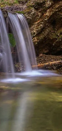 This phone live wallpaper displays a peaceful forest waterfall
