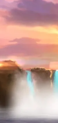 This live wallpaper features a serene image of a waterfall against a sunset backdrop