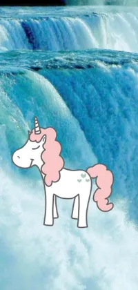This dynamic phone live wallpaper features a quirky cartoon unicorn standing before a captivating waterfall with lush green foliage