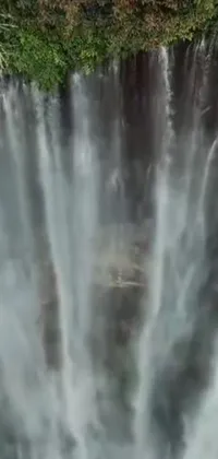 This phone live wallpaper features a breathtaking view of a waterfall captured from a bird's eye perspective