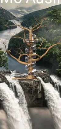 The live phone wallpaper captures the essence of nature with a gorgeous waterfall and a vast tree rooted amidst the rocks