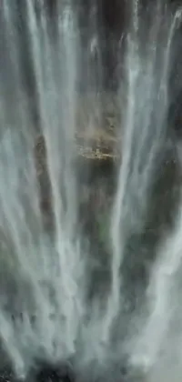 This phone live wallpaper features a stunning image of a group of people standing in front of a beautiful waterfall captured in a picture frame style inspired by hurufiyya art