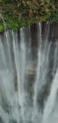 This enchanting live wallpaper for your phone showcases a stunning bird's eye view of a waterfall with a unique hurufiyya-inspired design